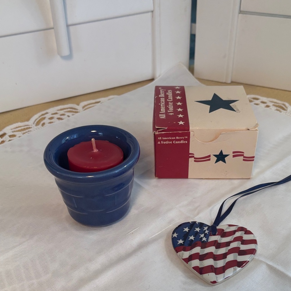 Longaberger Lot of Votive Candles, Pottery Flag Tie-on & Votive Holder